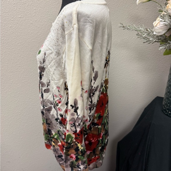 Rebecca Malone Floral Stud Sweater 2X Cream Watercolor Knit TopRebecca Malone Fl - Picture 2 of 7